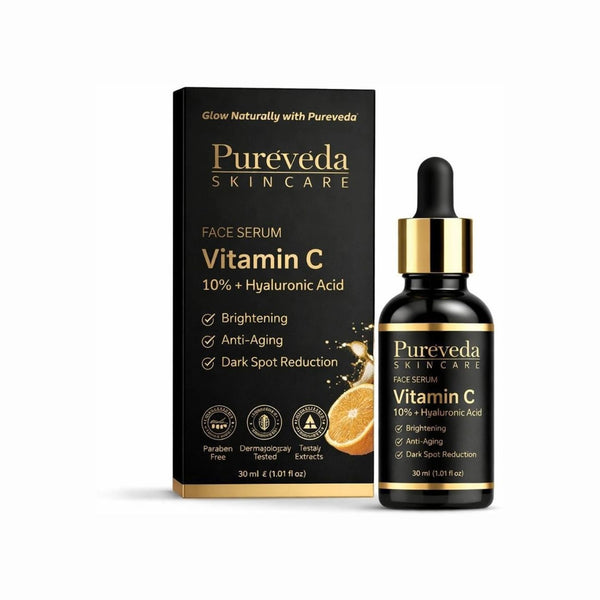 Pureveda Vitamin C Face Serum – 10% Vitamin C + Hyaluronic Acid | Brightening & Dark Spot Care | 30 ml