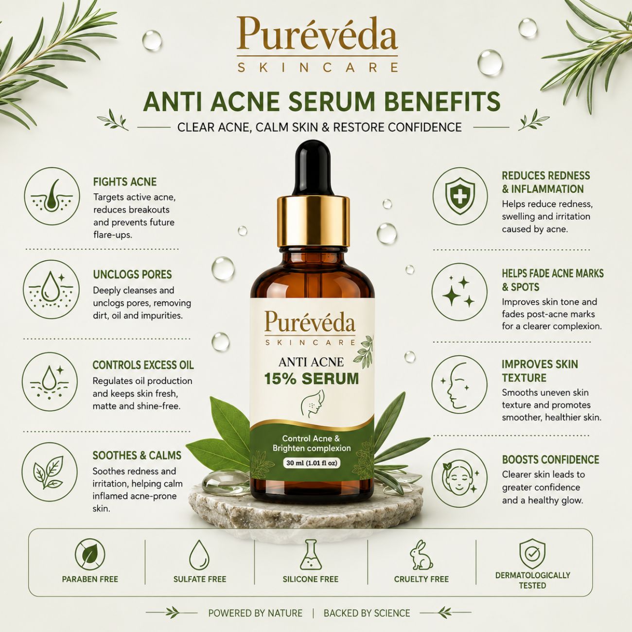 Pureveda 15% Anti-Acne Serum – Helps Control Acne & Brighten Complexion | 30 ml Secondary image