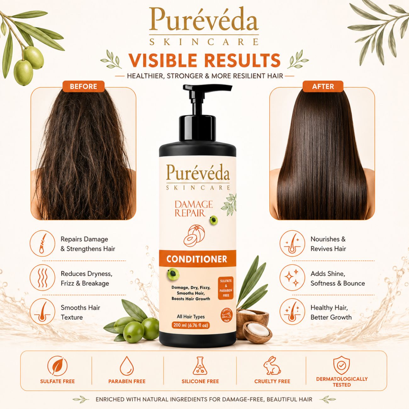 Pureveda Damage Repair Conditioner – For Dry, Frizzy & Damaged Hair | 200 ml