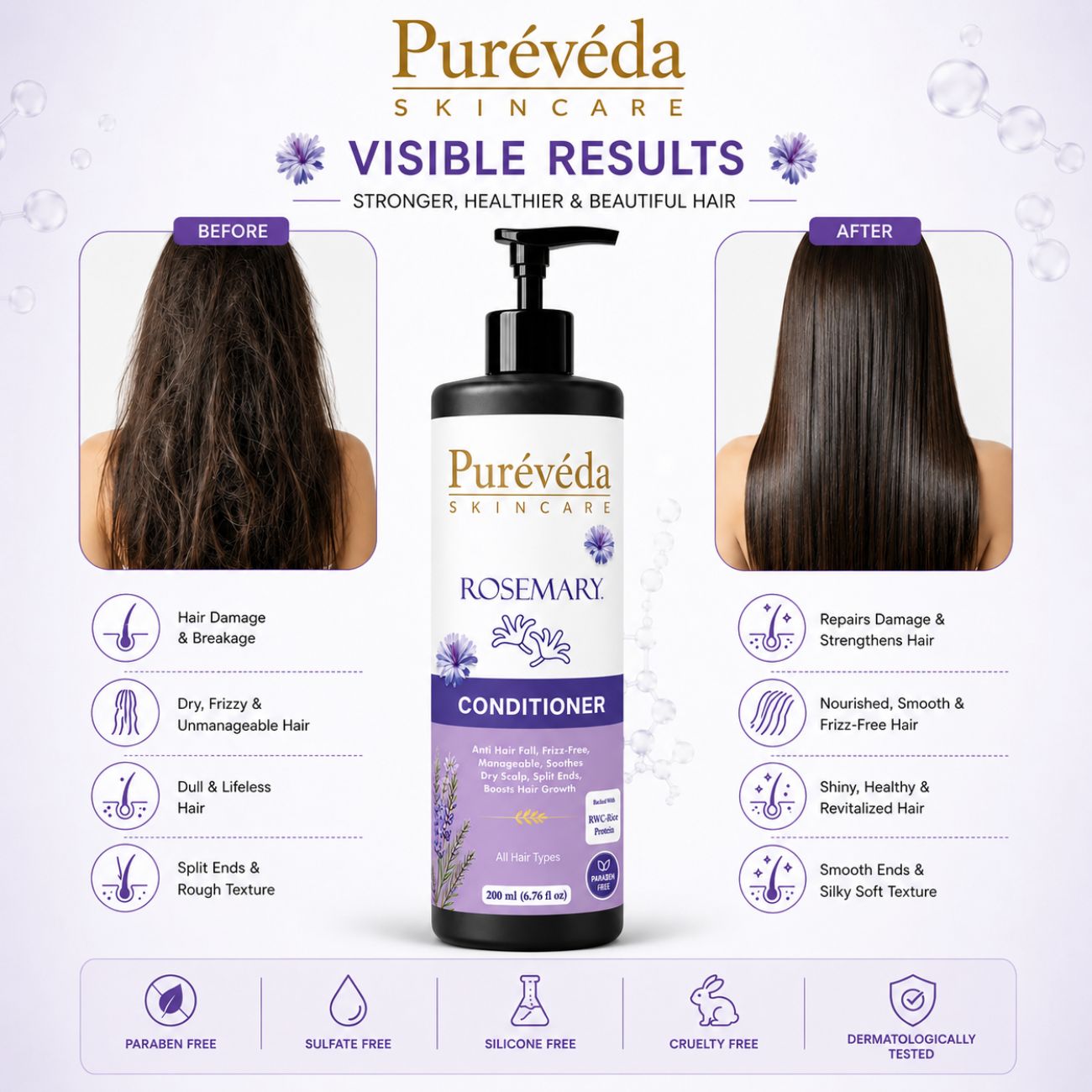 Pureveda Rosemary Conditioner – Anti Hair Fall, Frizz-Free & Nourishing Conditioner | 200 ml Secondary image