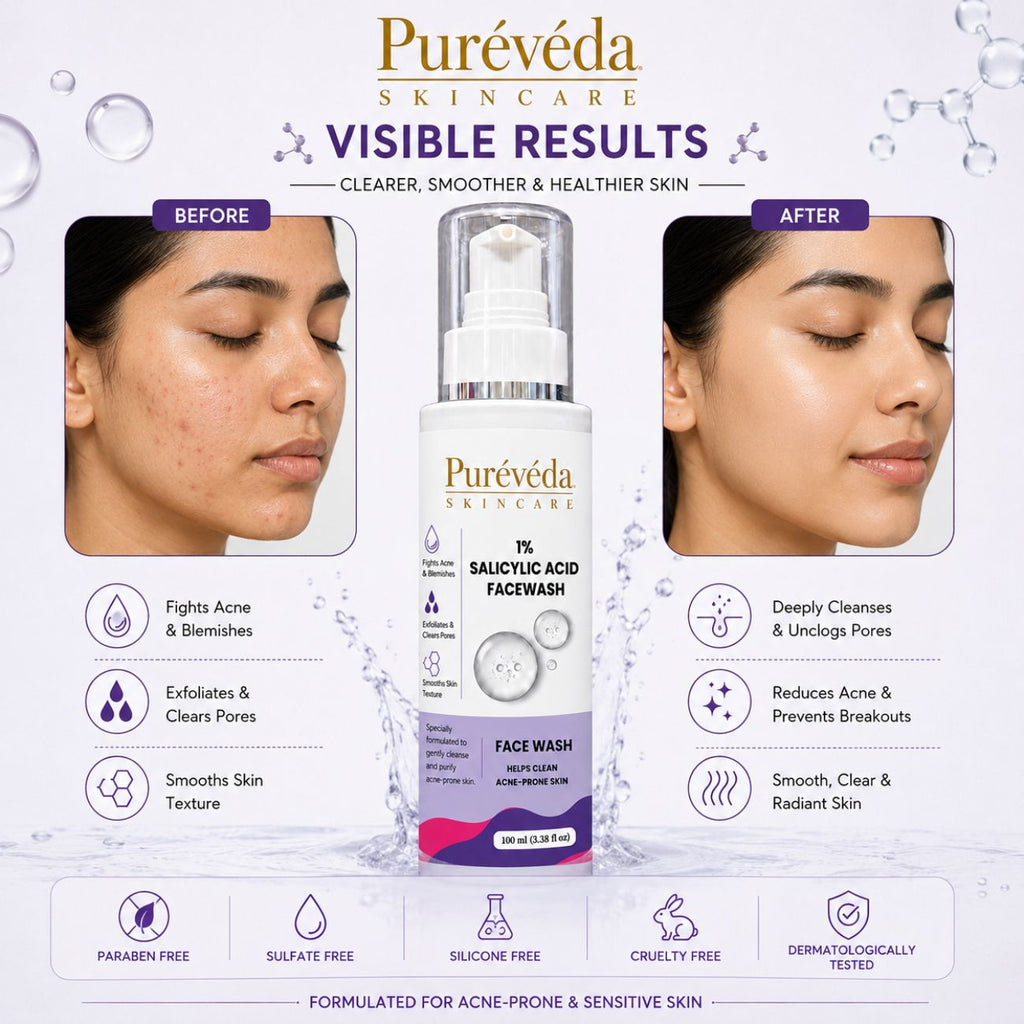 Pureveda 1% Salicylic Acid Face Wash – For Acne-Prone Skin, Blemishes & Pores | 100 ml