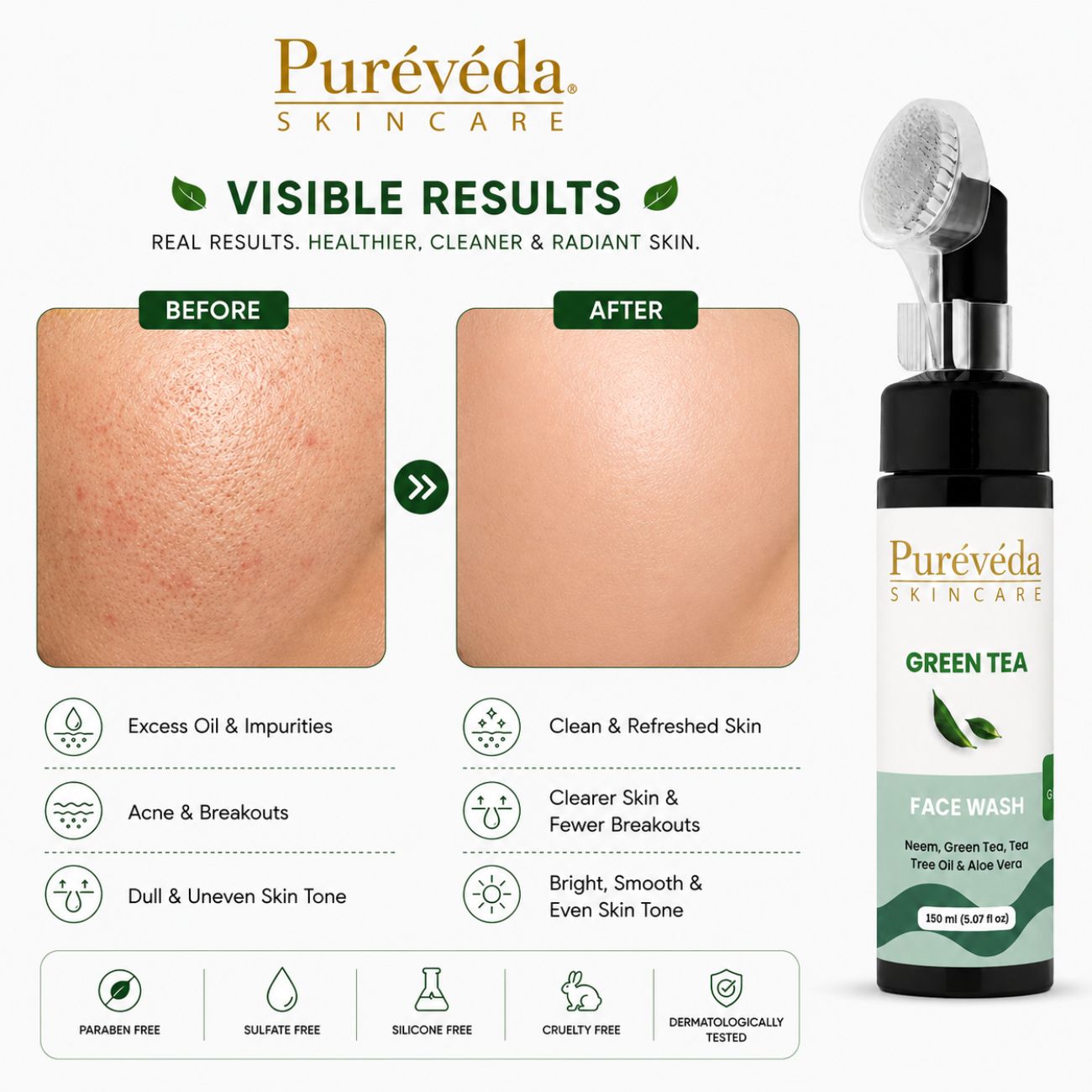 Pureveda Green Tea Face Wash – With Neem, Tea Tree Oil & Aloe Vera | 150 ml