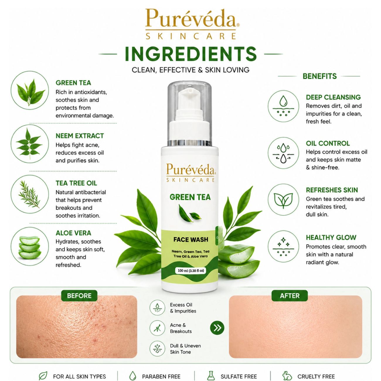 Pureveda Green Tea Face Wash – With Neem, Tea Tree Oil & Aloe Vera | 100 ml