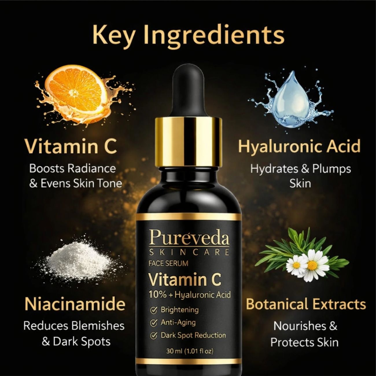 Pureveda Vitamin C Face Serum – 10% Vitamin C + Hyaluronic Acid | Brightening & Dark Spot Care | 30 ml Secondary image