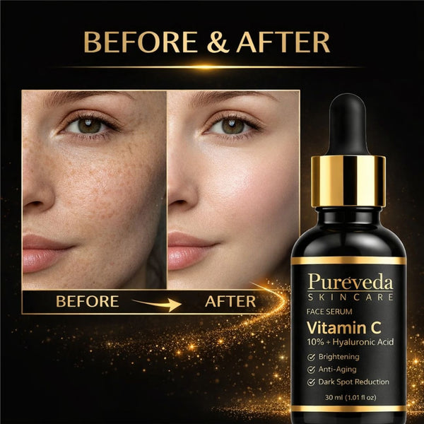Pureveda Vitamin C Face Serum – 10% Vitamin C + Hyaluronic Acid | Brightening & Dark Spot Care | 30 ml