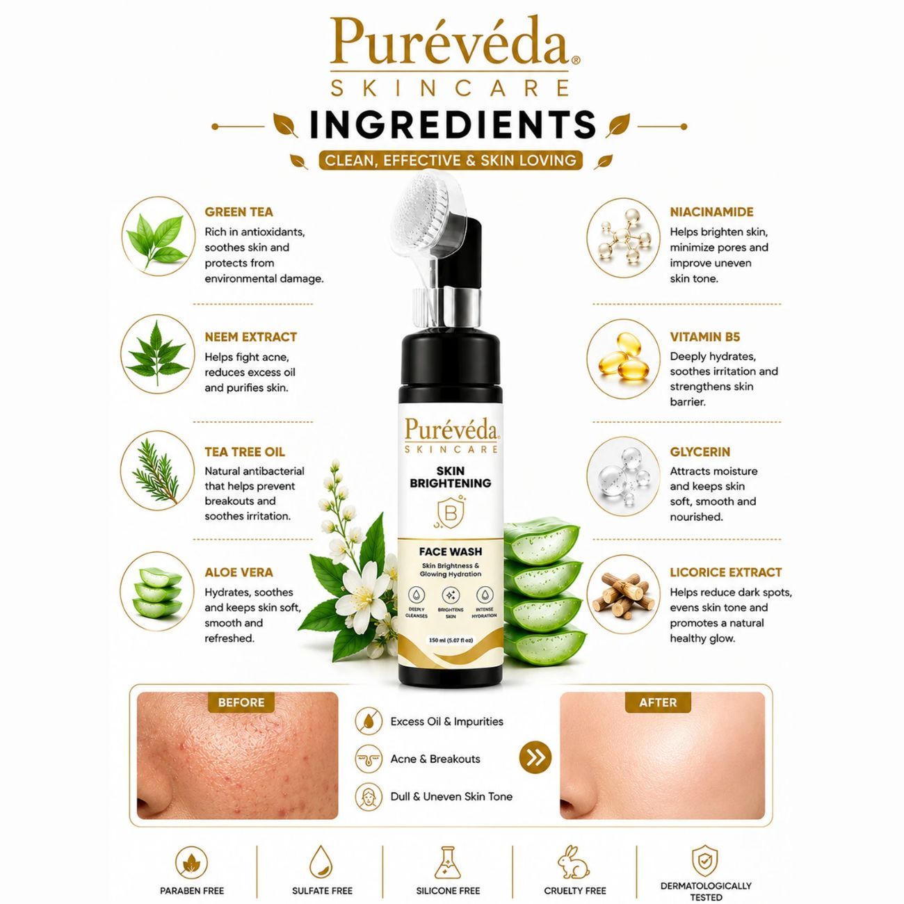 Pureveda Skin Brightening Face Wash – Brightens Skin & Provides Intense Hydration | 150 ml