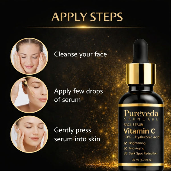 Pureveda Vitamin C Face Serum – 10% Vitamin C + Hyaluronic Acid | Brightening & Dark Spot Care | 30 ml