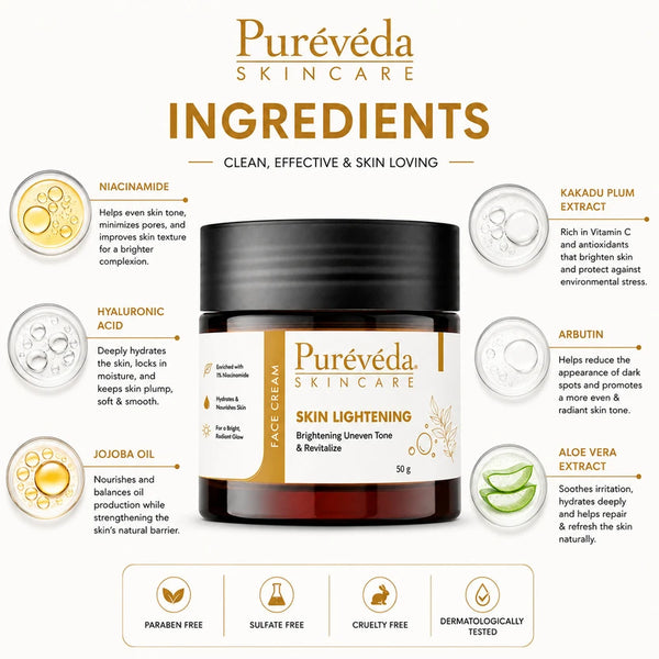 Pure Veda Skin Lightening Face Cream | Brightening Cream for Uneven Skin Tone | For Men & Women | 50g