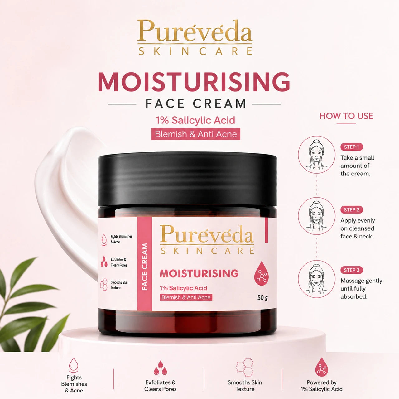 Pure Veda Moisturising Face Cream with 1% Salicylic Acid | Anti Acne & Blemish Cream for Men & Women | 50g Secondary image