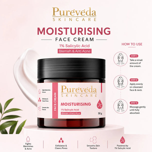 Pure Veda Moisturising Face Cream with 1% Salicylic Acid | Anti Acne & Blemish Cream for Men & Women | 50g
