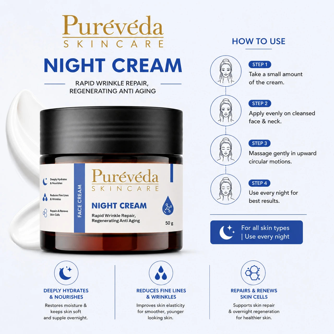 Pure Veda Night Cream | Anti-Aging & Wrinkle Repair Face Cream for Men & Women | Deep Hydration | 50g