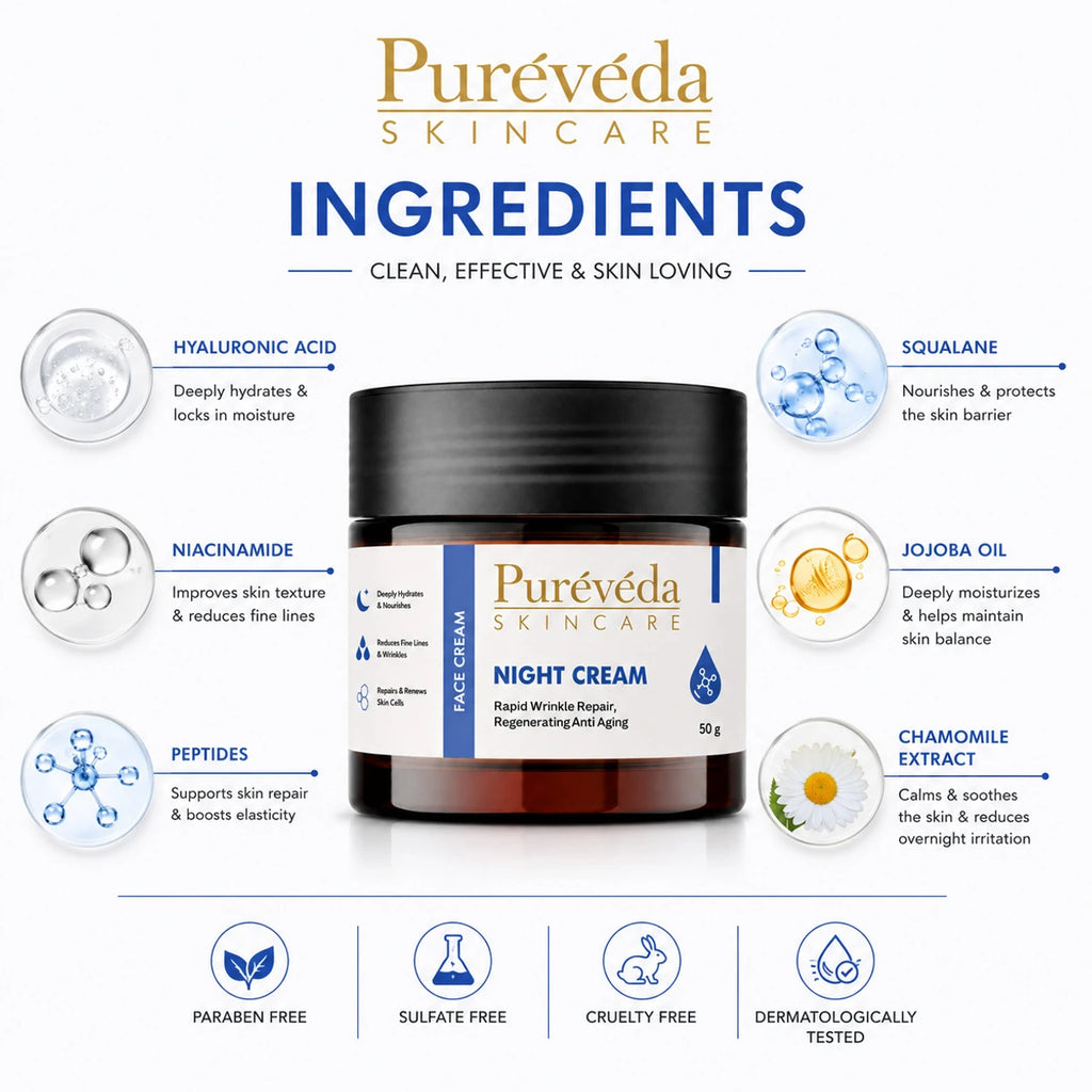 Pure Veda Night Cream | Anti-Aging & Wrinkle Repair Face Cream for Men & Women | Deep Hydration | 50g