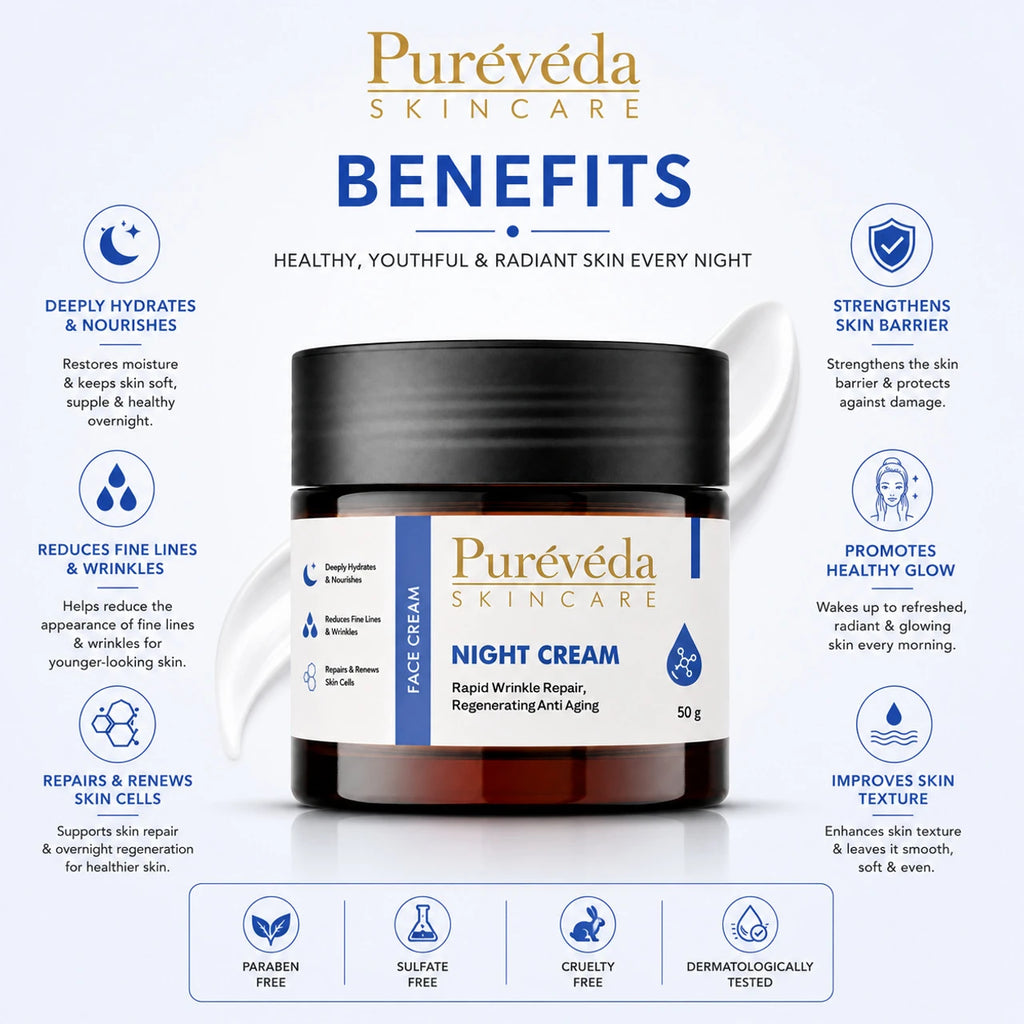 Pure Veda Night Cream | Anti-Aging & Wrinkle Repair Face Cream for Men & Women | Deep Hydration | 50g