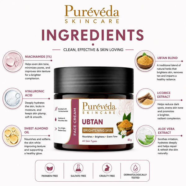 Pure Veda Ubtan Brightening Face Cream | Nourishing Glow Cream for Men & Women | 50g
